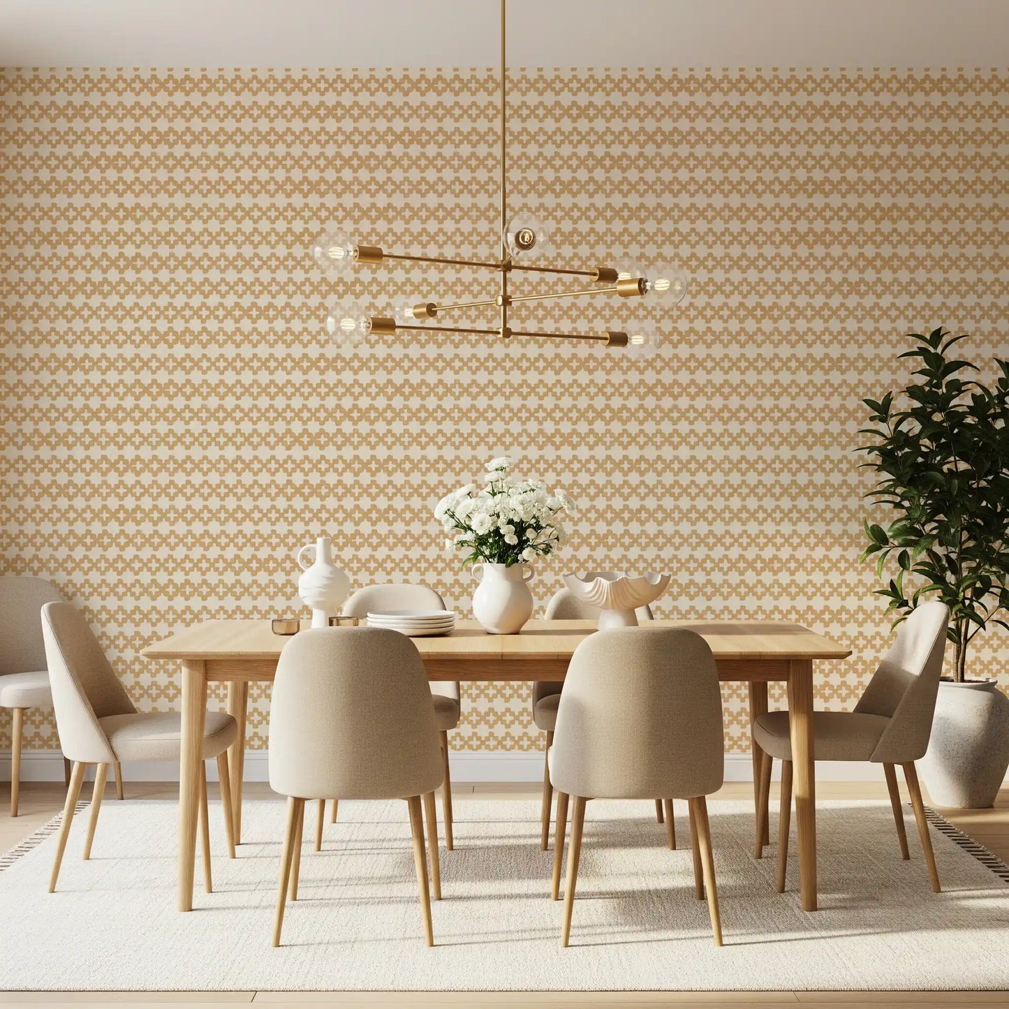 Dining room panel set with warm sand zellige cross wallpaper, row repeat visible.