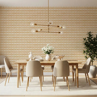 Dining room panel set with warm sand zellige cross wallpaper, row repeat visible.