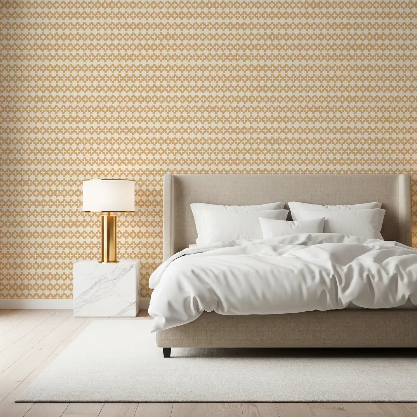 Honey-cream surface of zellige cross ornament wallpaper, sand marks on linen weave.