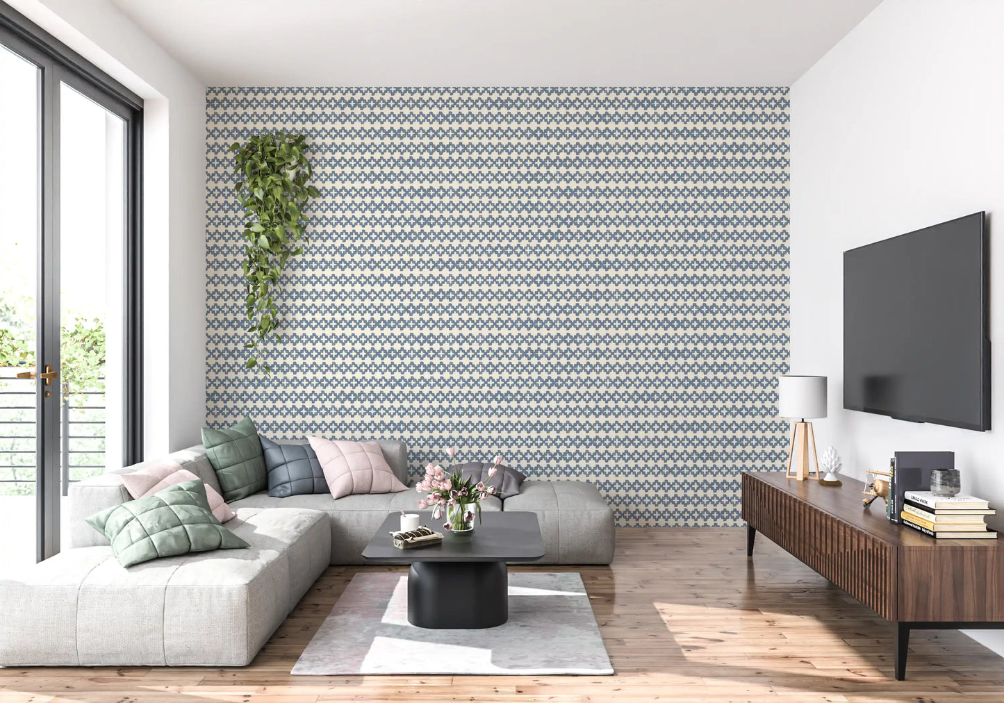 Calm rows of cross tiles in slate blue zellige wallpaper backing a relaxed living room., GD9669