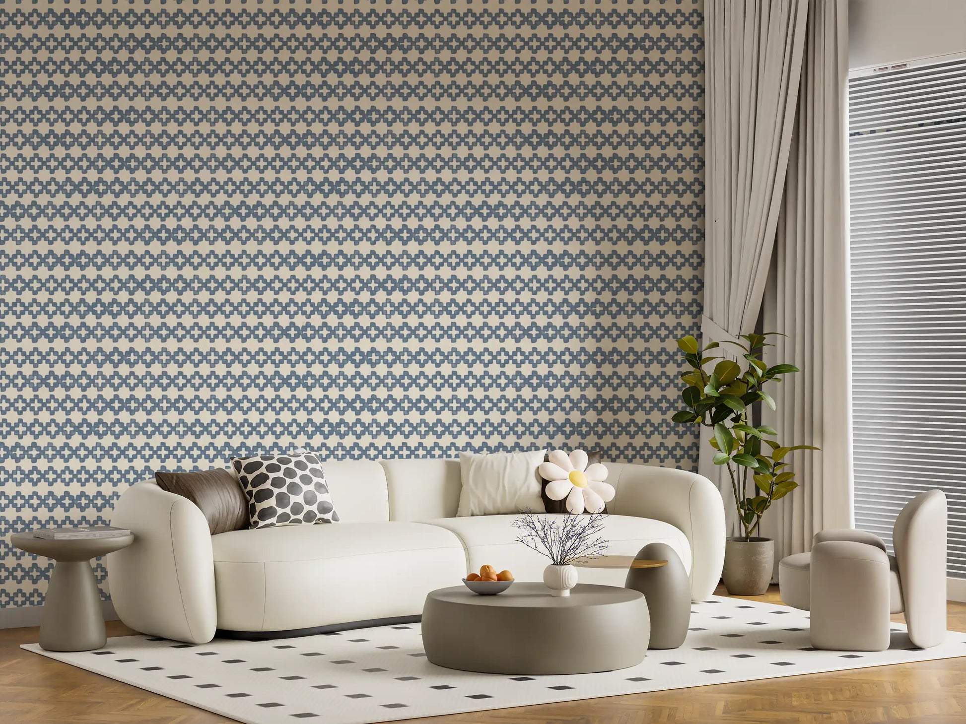 lined with slate blue zellige cross wallpaper, view of a relaxed living room., GD9669