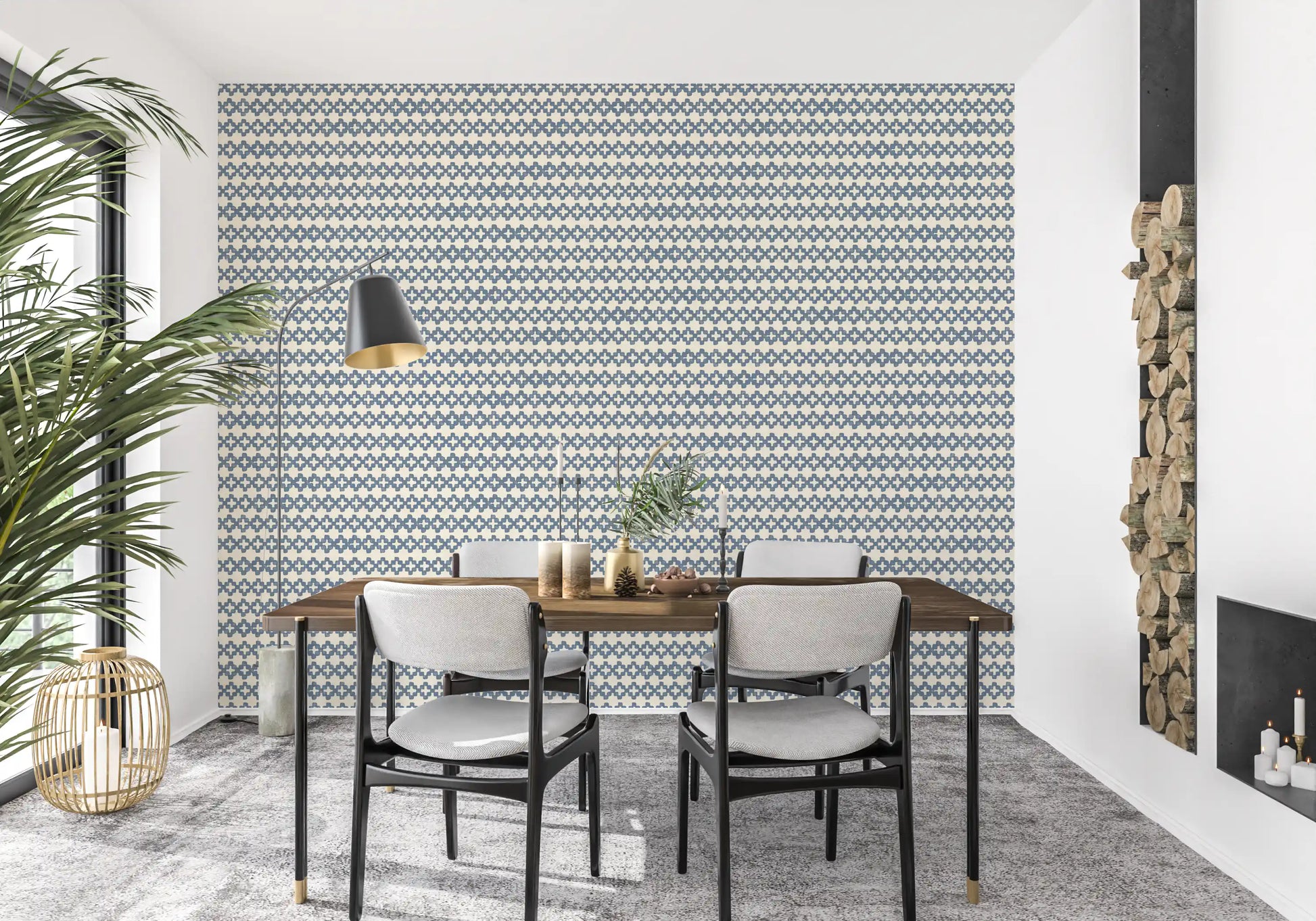Horizontal cross repeats of slate blue zellige wallpaper landing on a dining room wall., GD9669