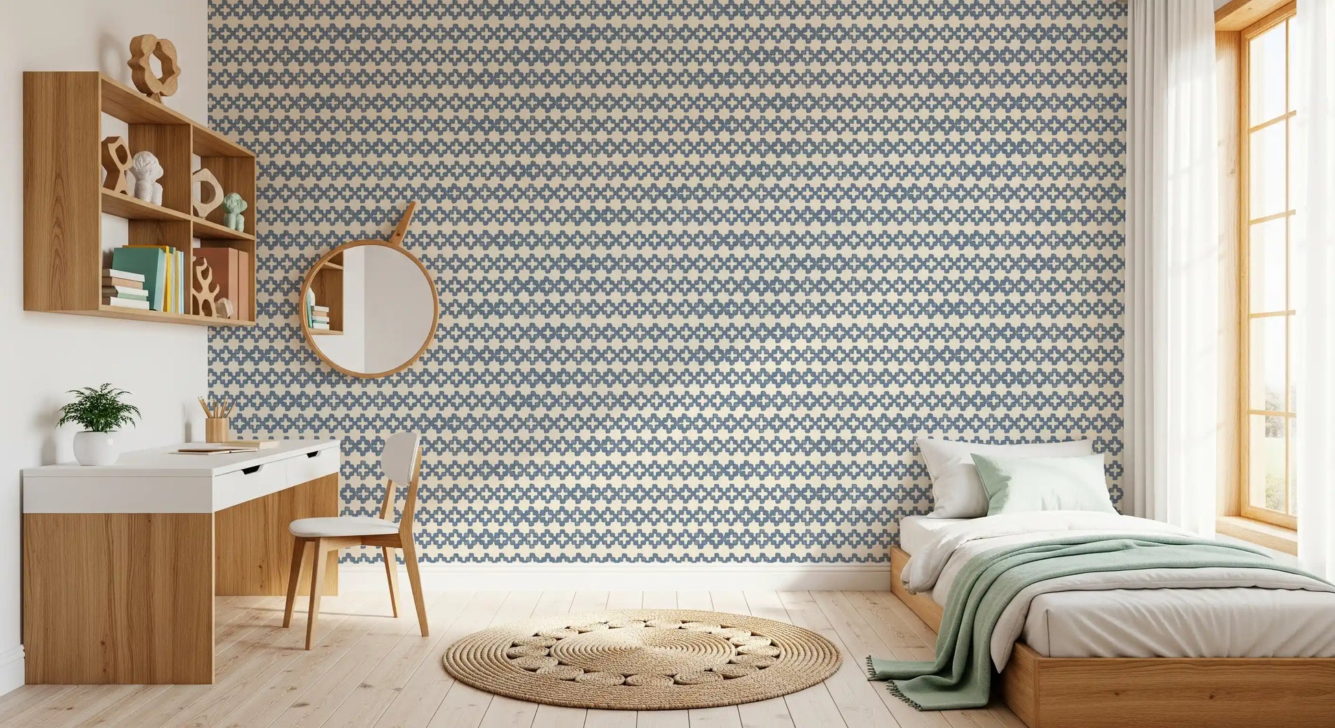 Cross-tile zellige wallpaper sitting along a quiet bedroom backdrop in slate blue., GD9669