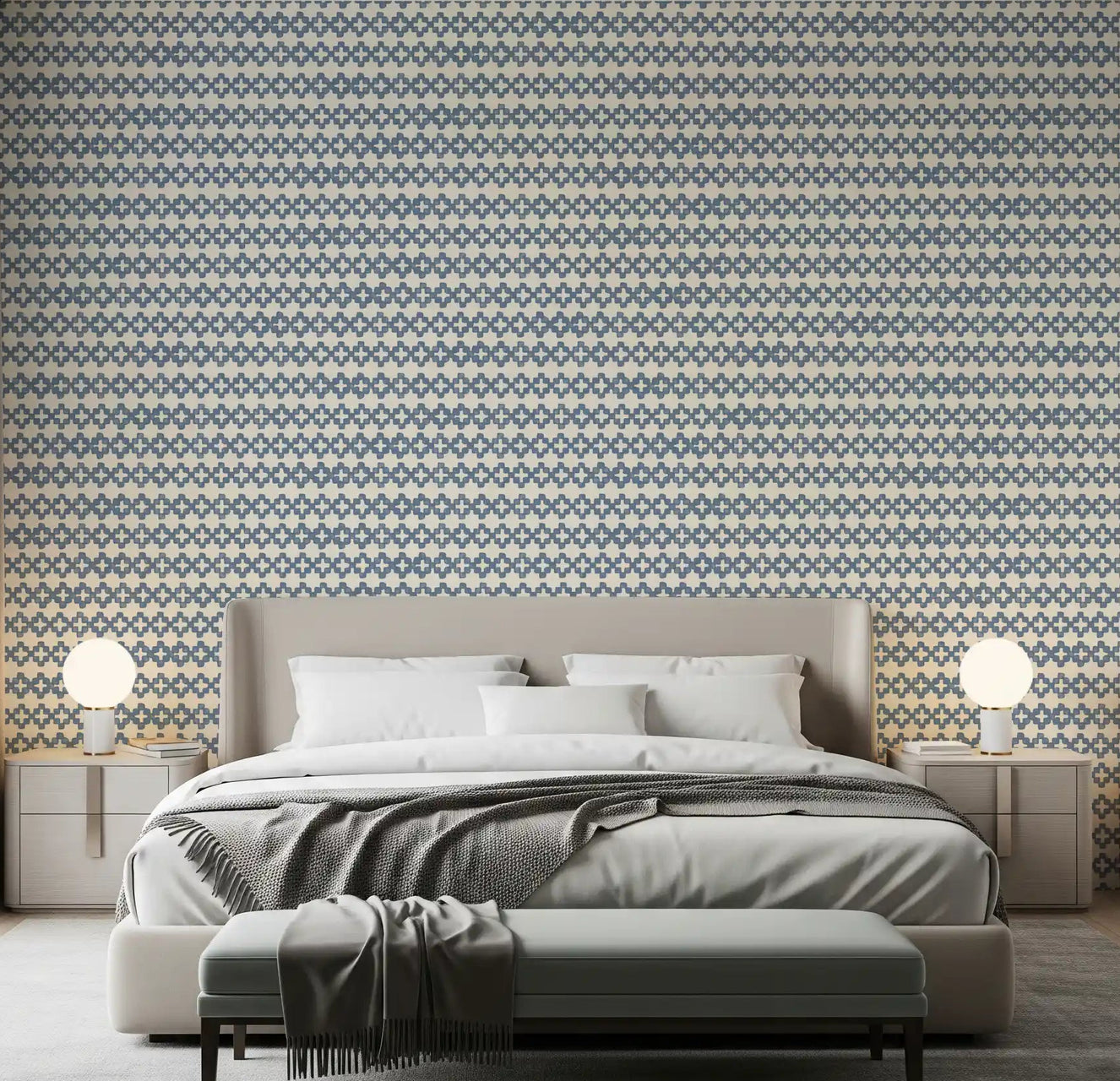 A bedroom feature framed by slate blue zellige cross wallpaper across tile-pattern rows.