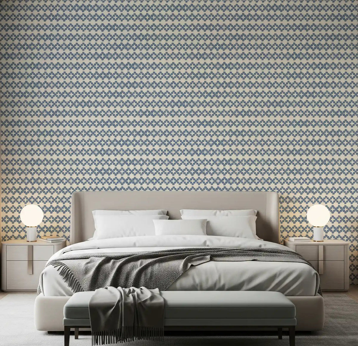A bedroom feature framed by slate blue zellige cross wallpaper across tile-pattern rows., GD9669