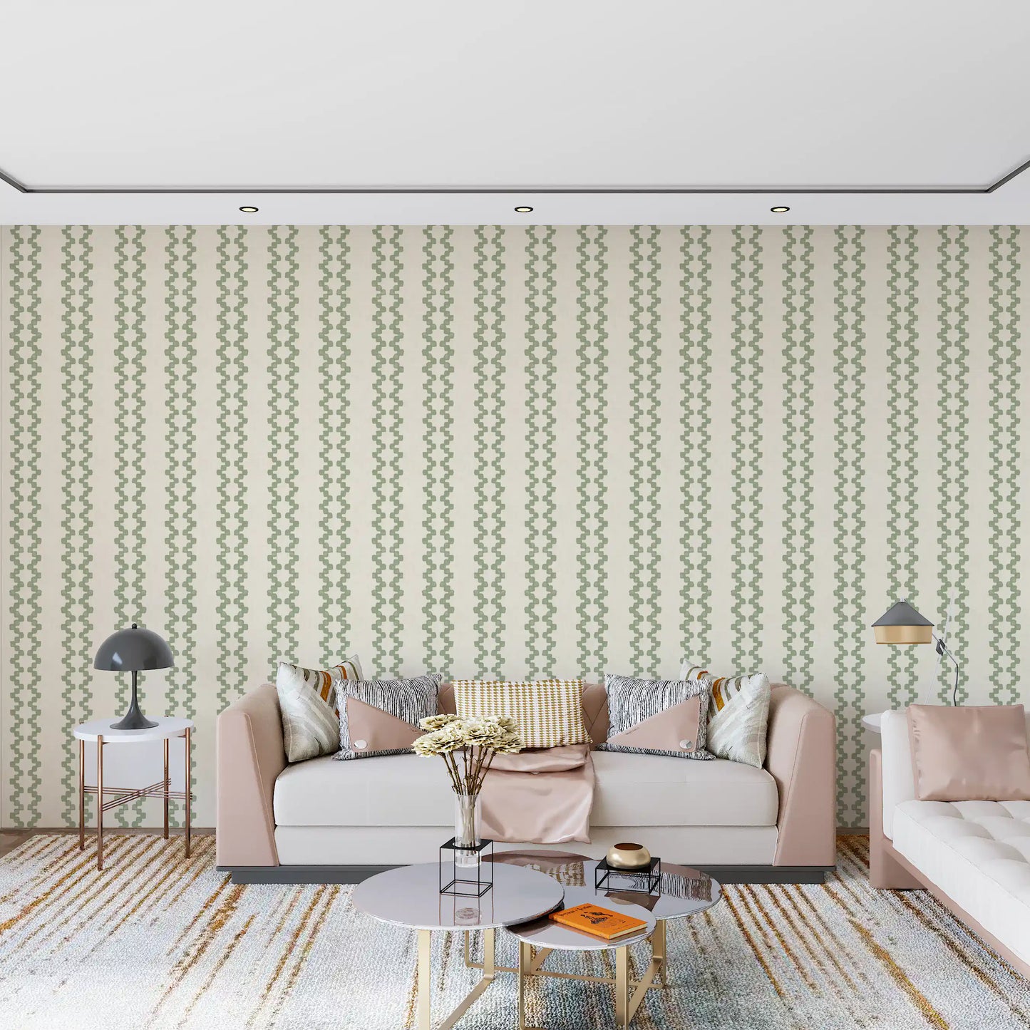 Living area paired with coastal green zellige stripe wallpaper for added depth., GD9670