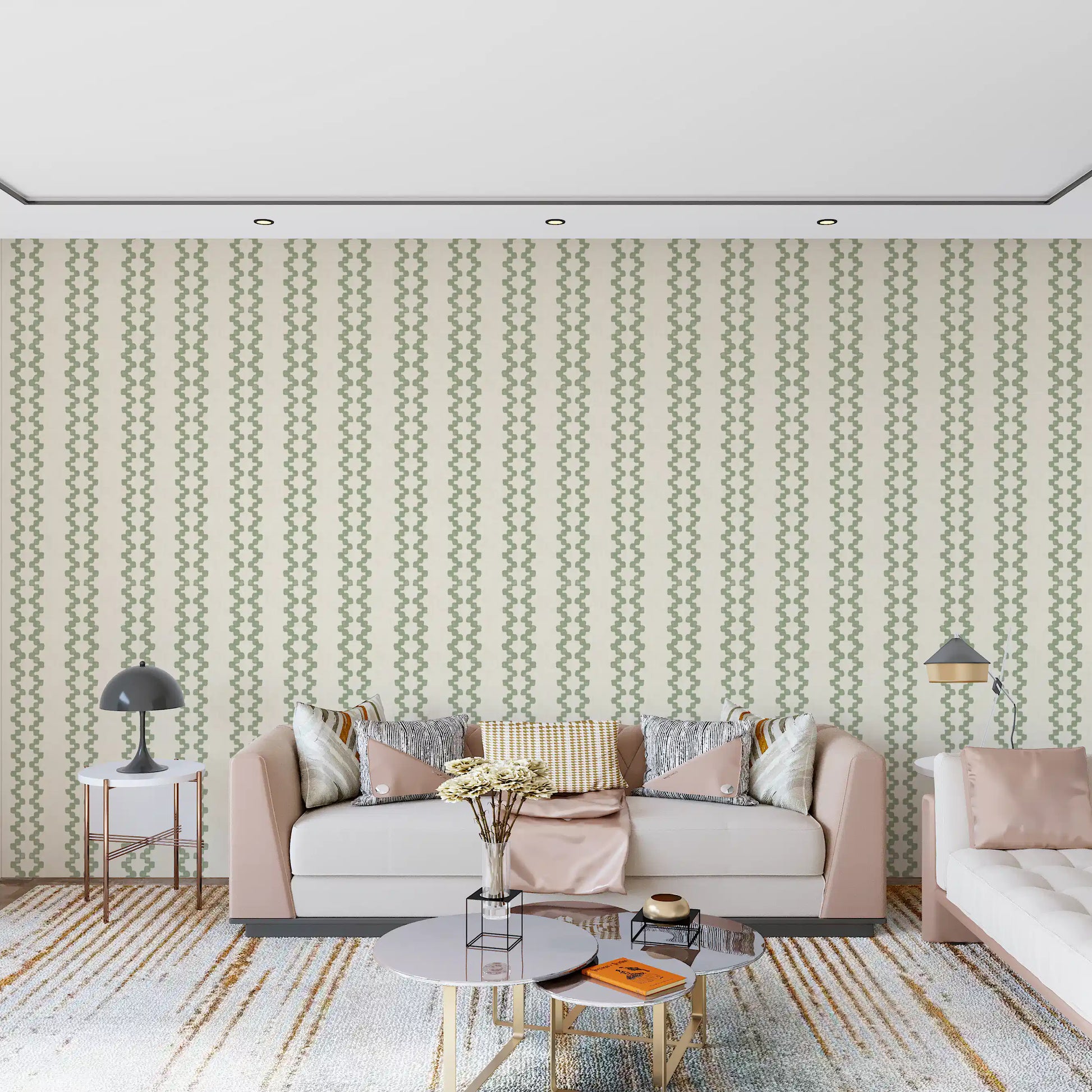 Living area paired with coastal green zellige stripe wallpaper for added depth., GD9670