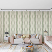 Living area paired with coastal green zellige stripe wallpaper for added depth., GD9670