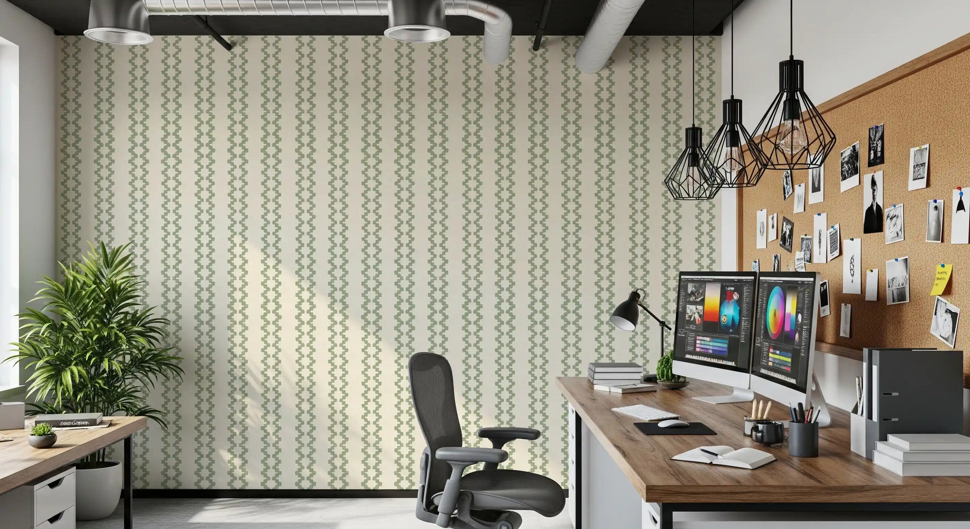 Home office work area in coastal green zellige stripe wallpaper, Mediterranean-leaning., GD9670