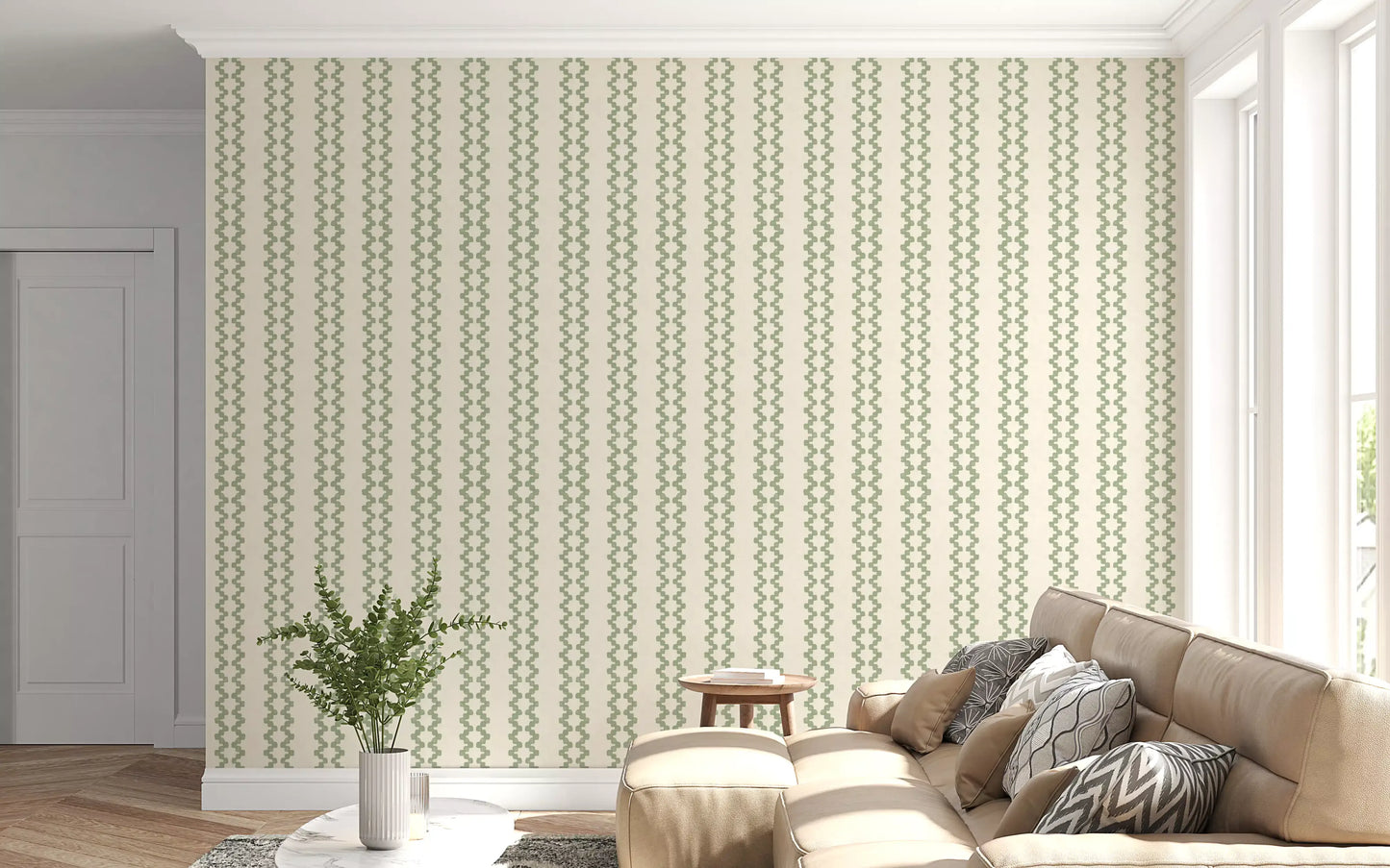 Quiet living room panel dressed in coastal green zellige stripe wallpaper, top to bottom., GD9670