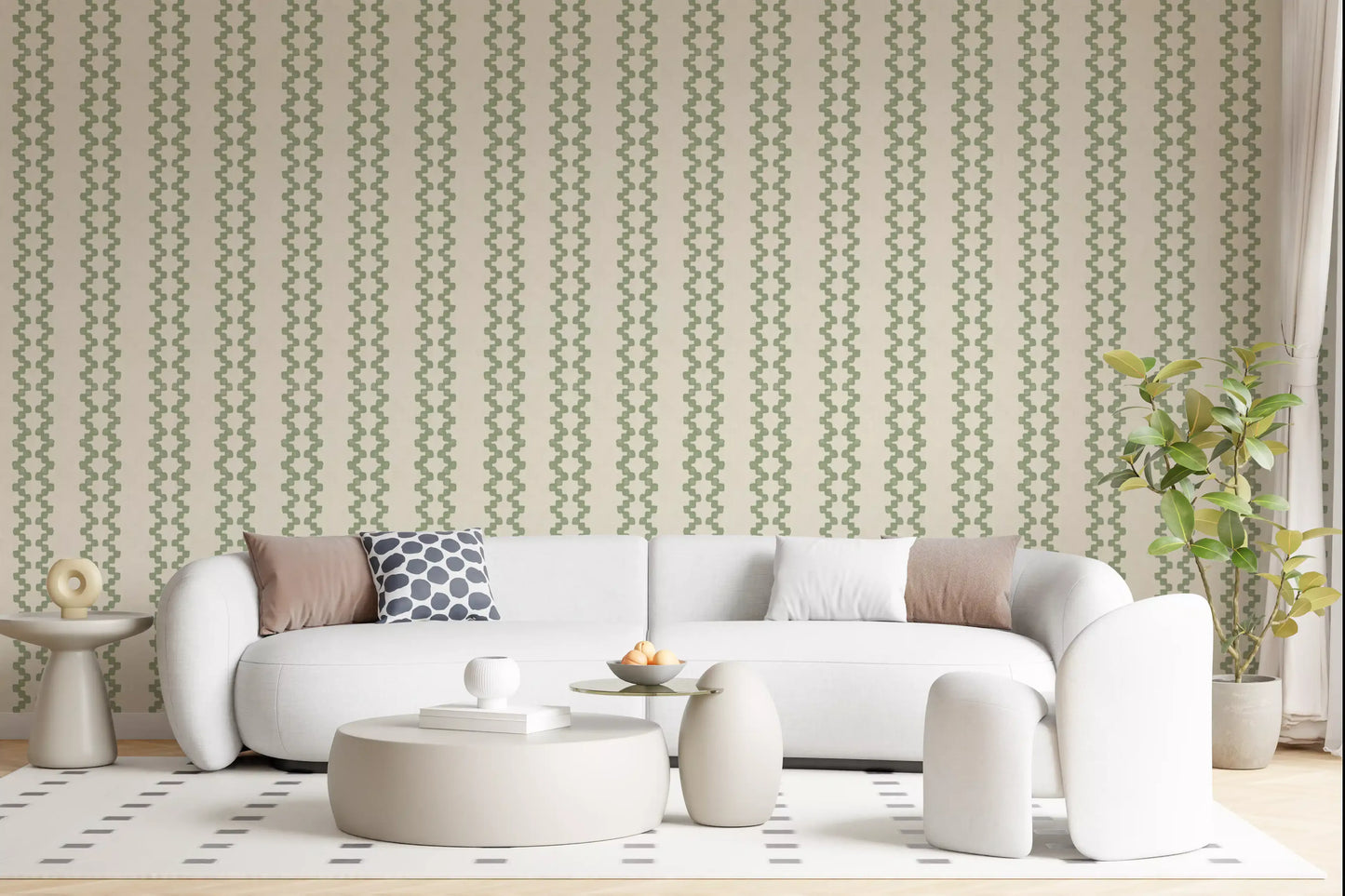 Side-by-side coastal green zigzag bands forming the zellige stripe wallpaper motif., GD9670