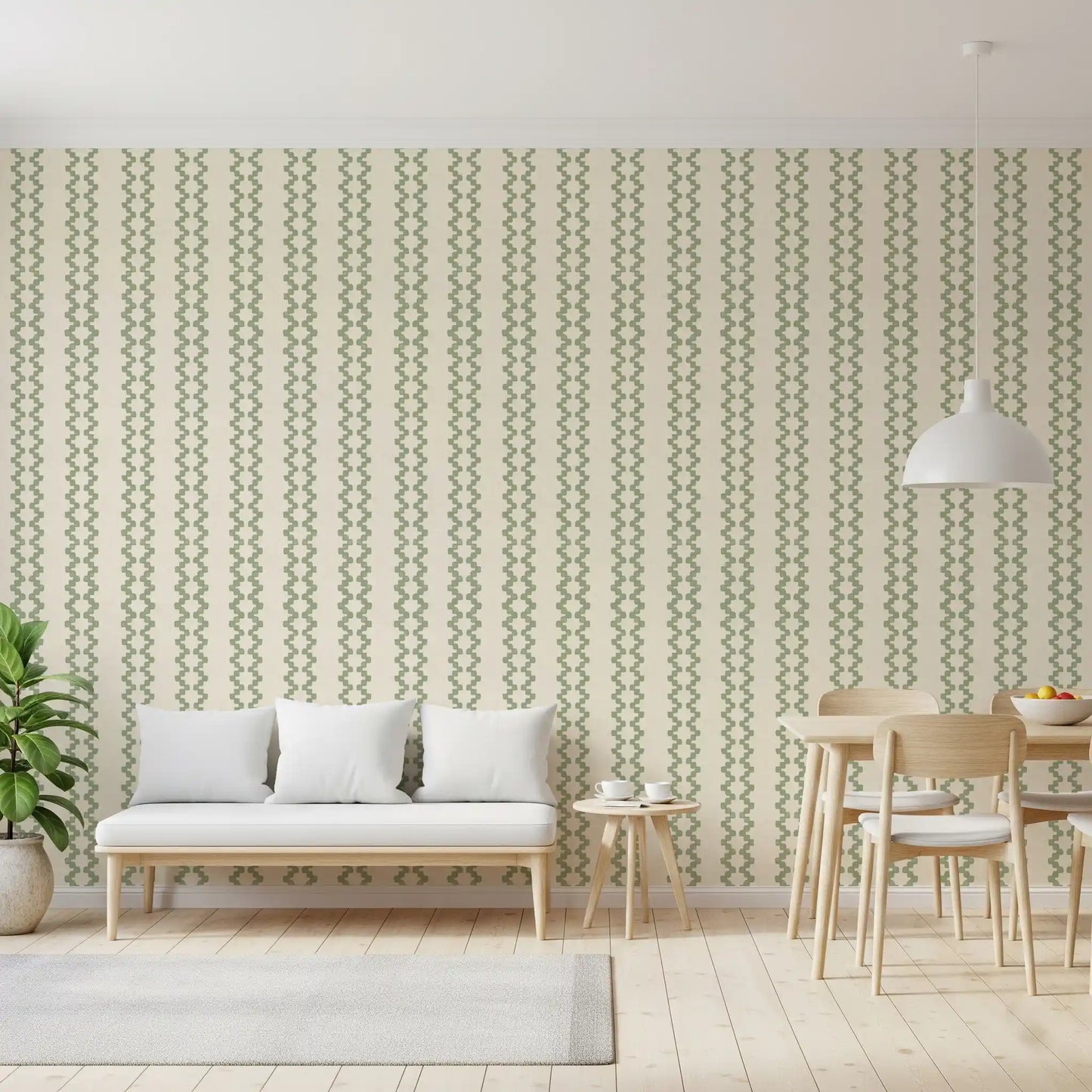 Dining room scene where coastal green zellige stripe wallpaper sets the calm tone., GD9670