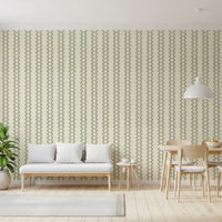 Dining room scene where coastal green zellige stripe wallpaper sets the calm tone., GD9670