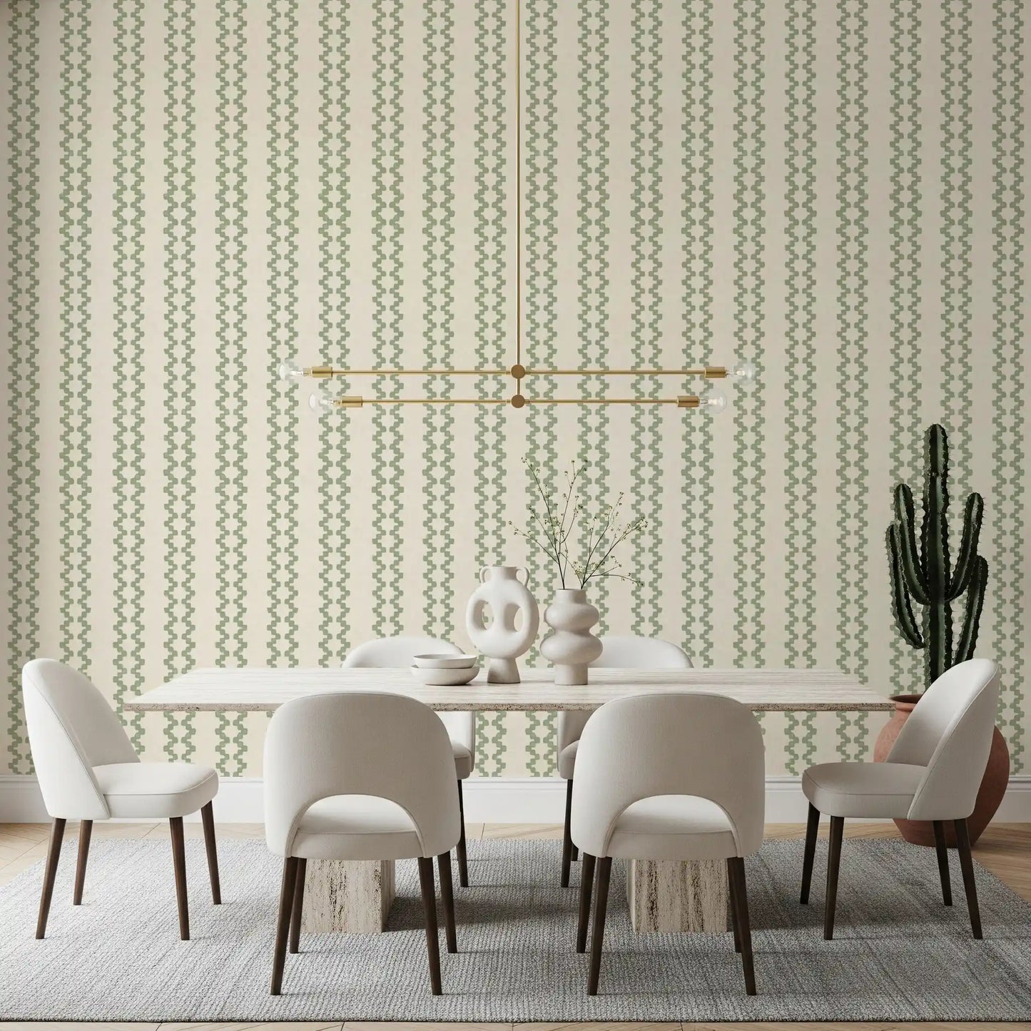 Coastal green stripe ornament wallpaper close-up: beads stacked into wavy column pairs., GD9670
