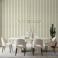 Coastal green stripe ornament wallpaper close-up: beads stacked into wavy column pairs., GD9670