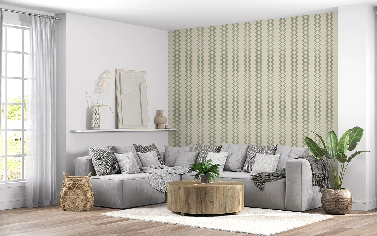 Another angle of a living room, coastal green zellige stripe wallpaper as centerpiece., GD9670