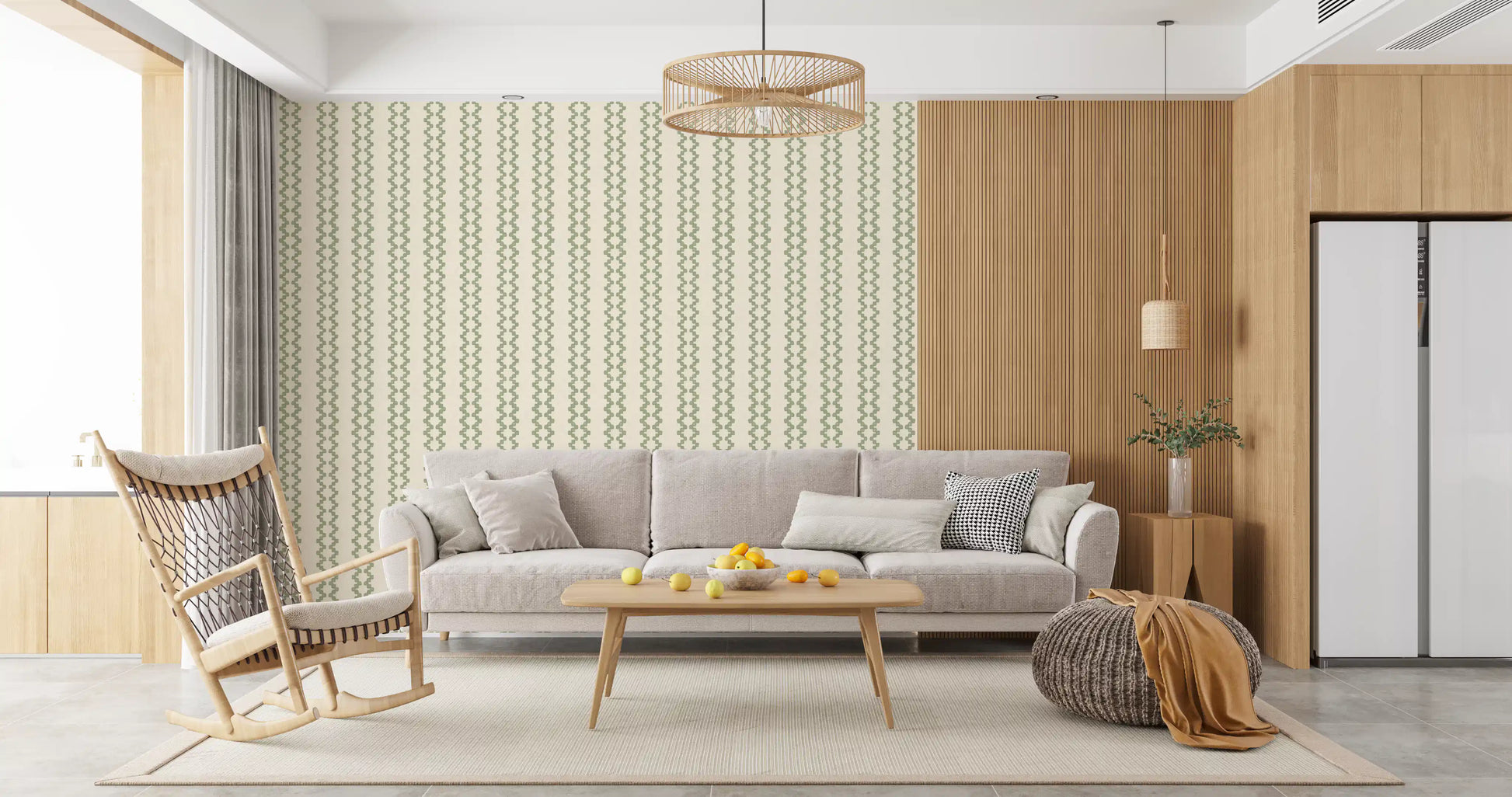 Linen-textured background lifts coastal green ornament stripes, zellige wallpaper detail., GD9670