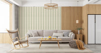 Linen-textured background lifts coastal green ornament stripes, zellige wallpaper detail., GD9670