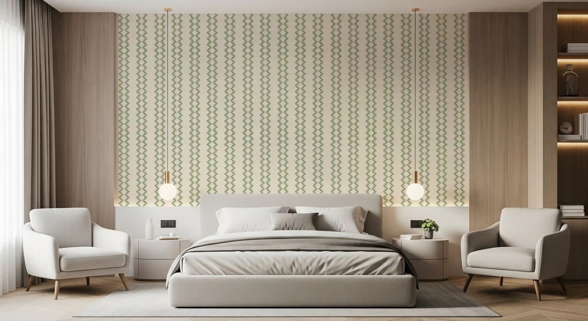 Twin zigzag columns of coastal green stack in pairs on a zellige stripe wallpaper view., GD9670