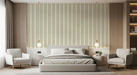 Twin zigzag columns of coastal green stack in pairs on a zellige stripe wallpaper view., GD9670