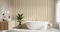 Pairs of warm sand beads trace vertical lines on zellige stripe ornament wallpaper.
