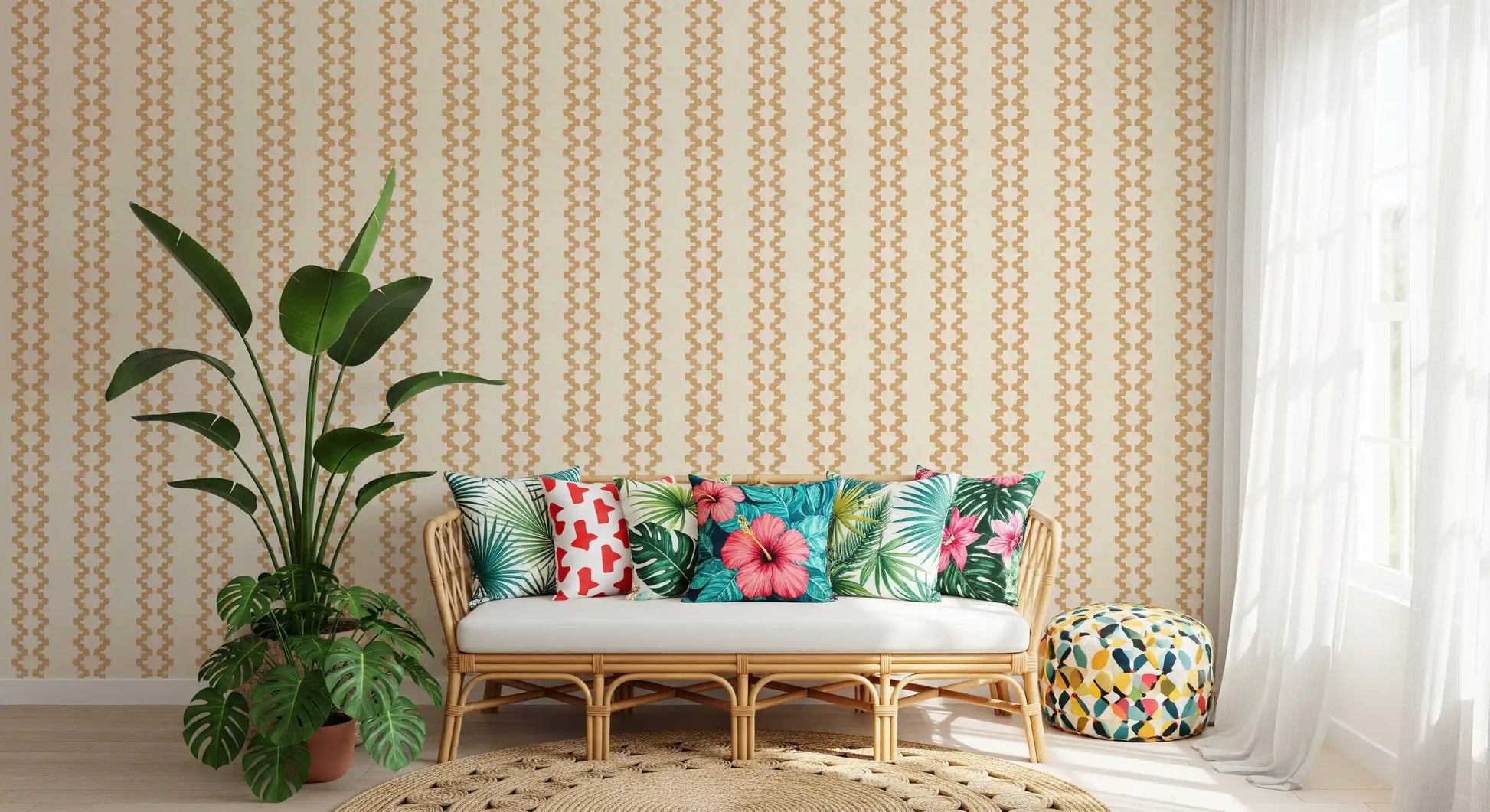 Texture sample of warm sand zellige ornament wallpaper on a cream linen background.
