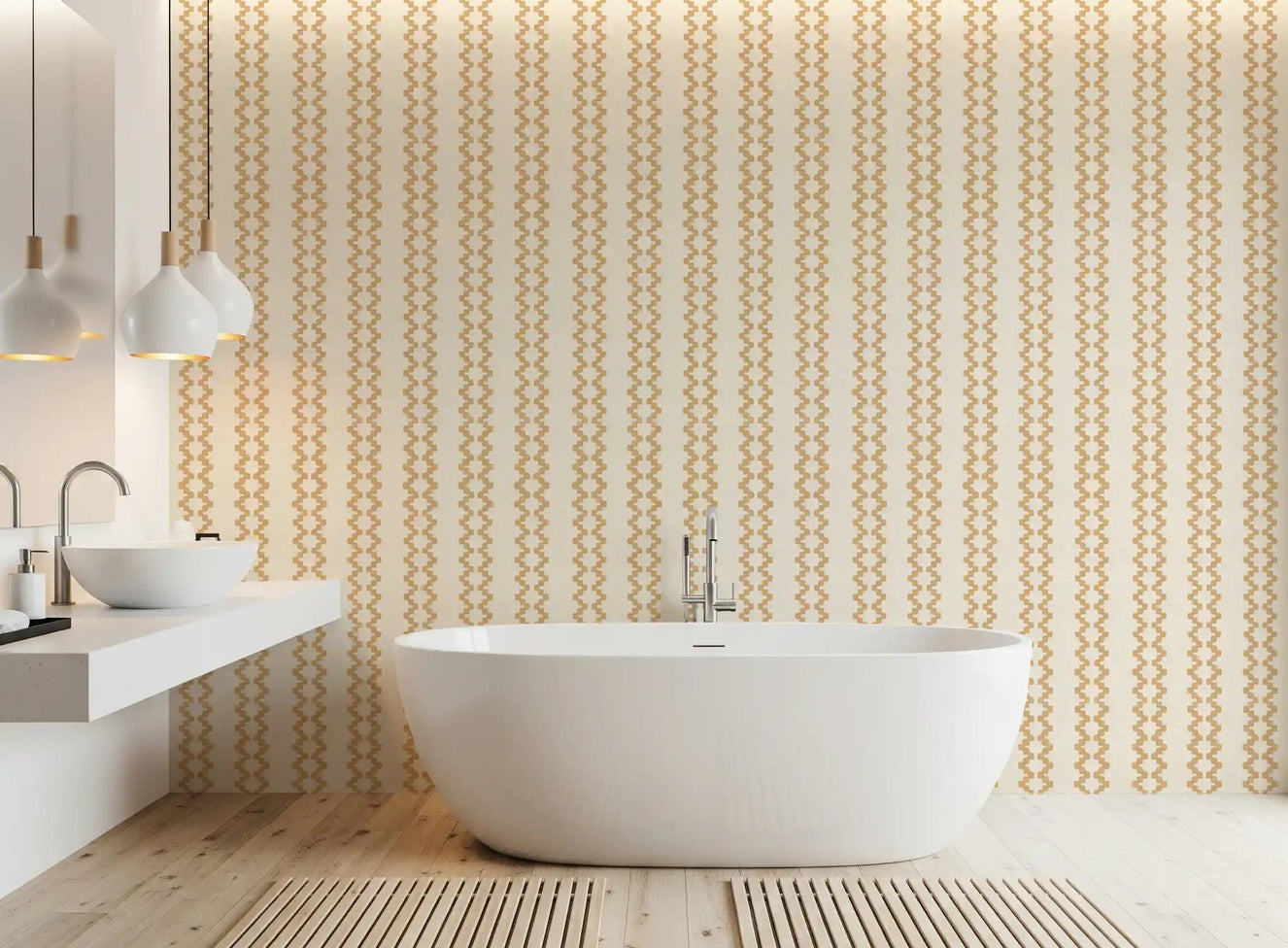 Sand zellige stripe wallpaper warming up a calm bathroom backdrop.