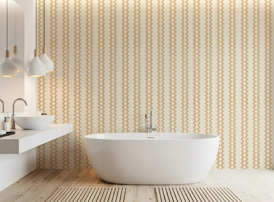 Sand zellige stripe wallpaper warming up a calm bathroom backdrop., GD9671
