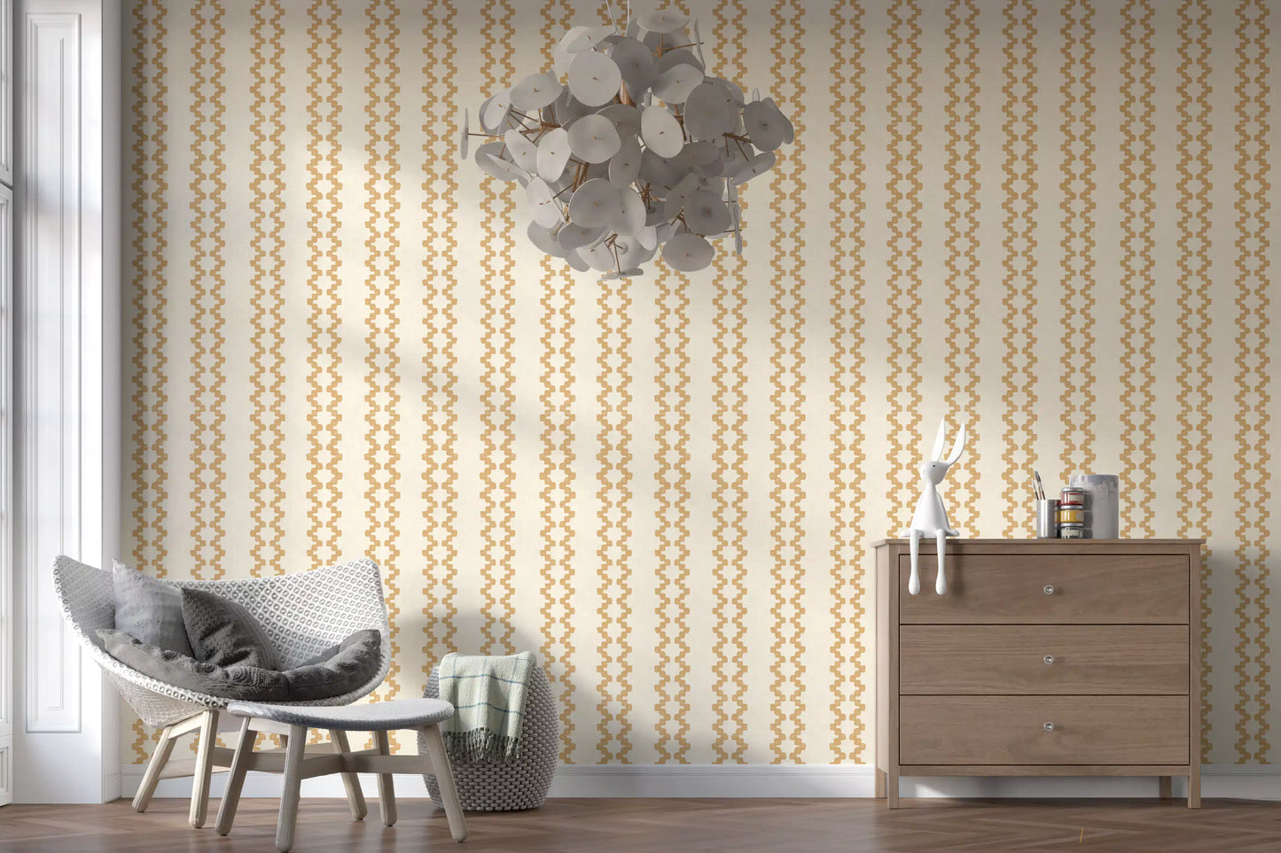 Honey ornament stripe wallpaper giving a hallway backdrop a quiet Moroccan character.
