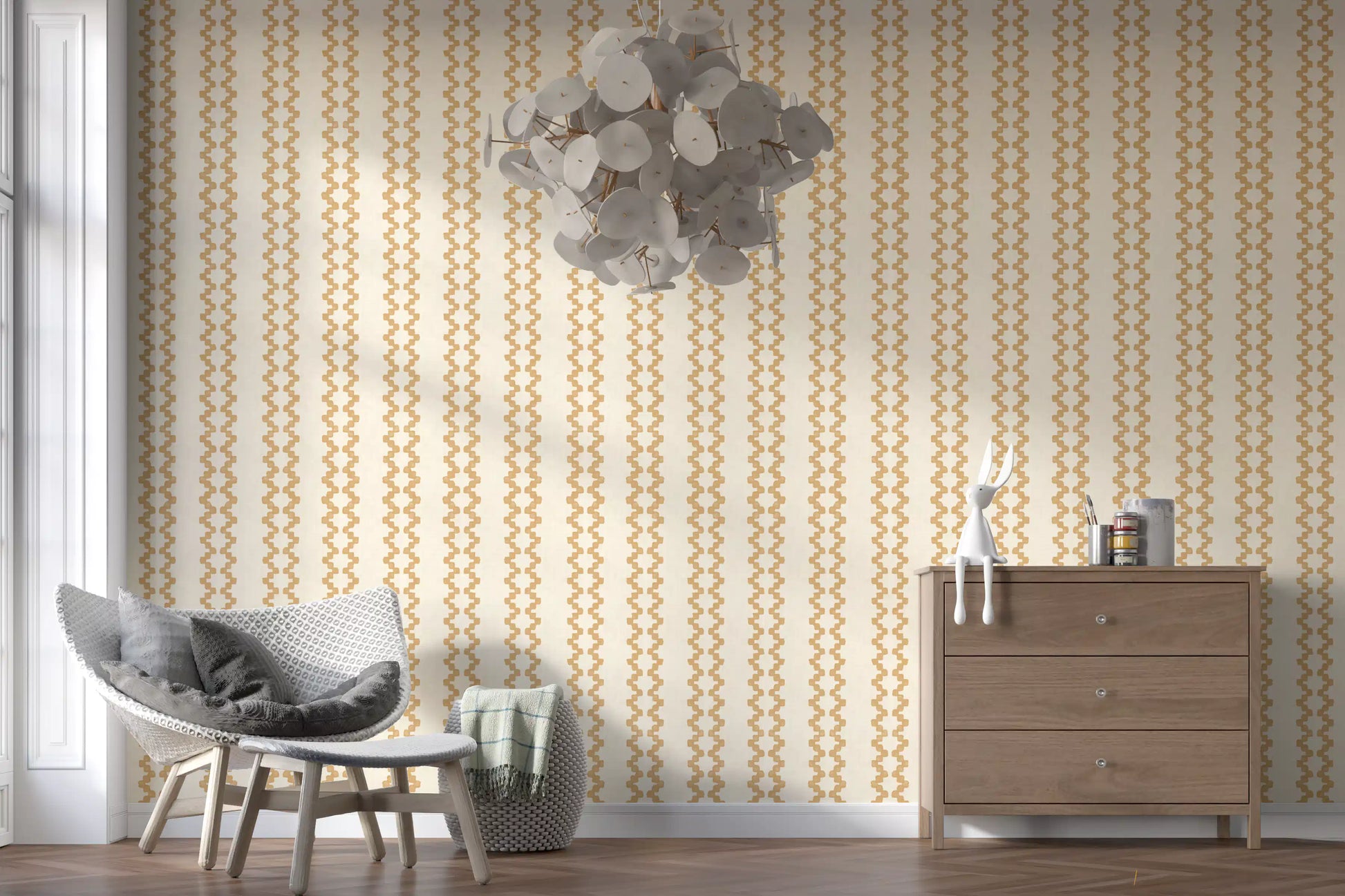 Honey ornament stripe wallpaper giving a hallway backdrop a quiet Moroccan character.