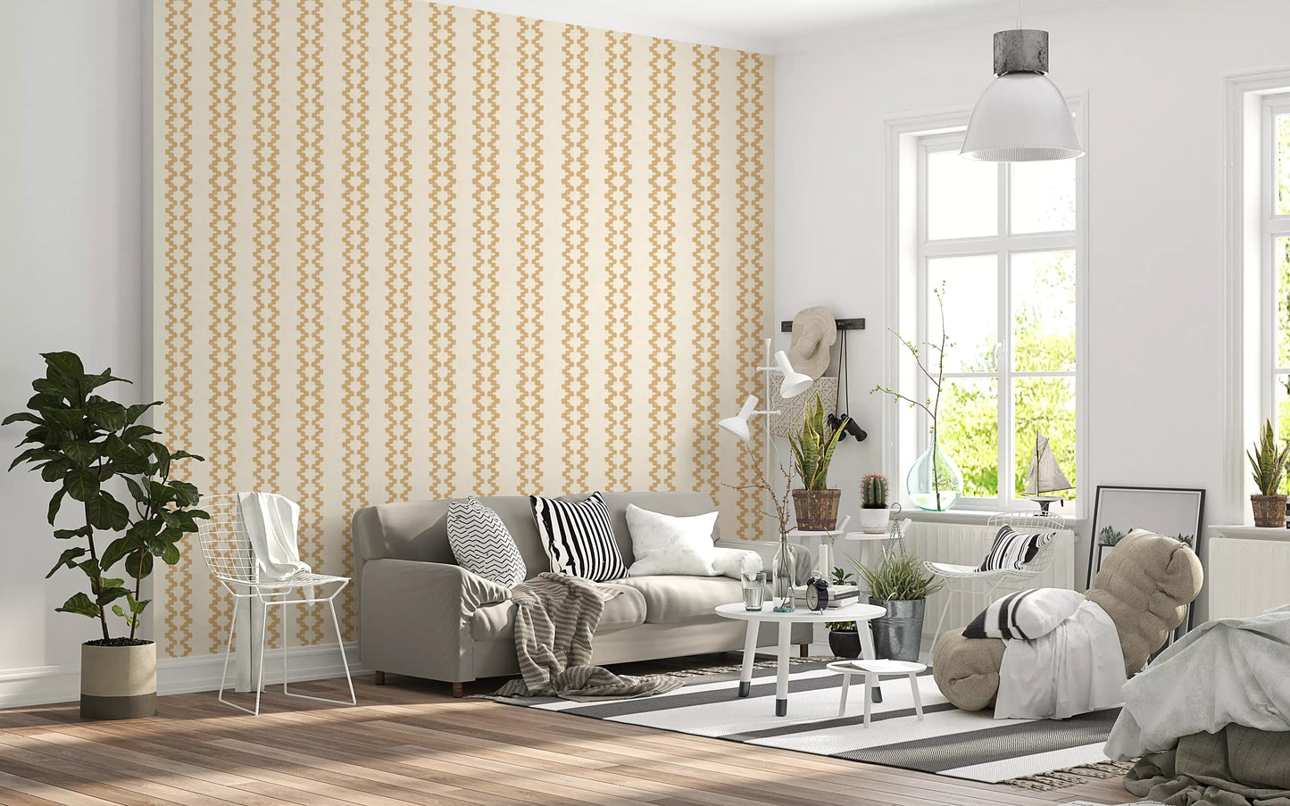 A honey-toned ornament stripe wallpaper easing a Living room profile.