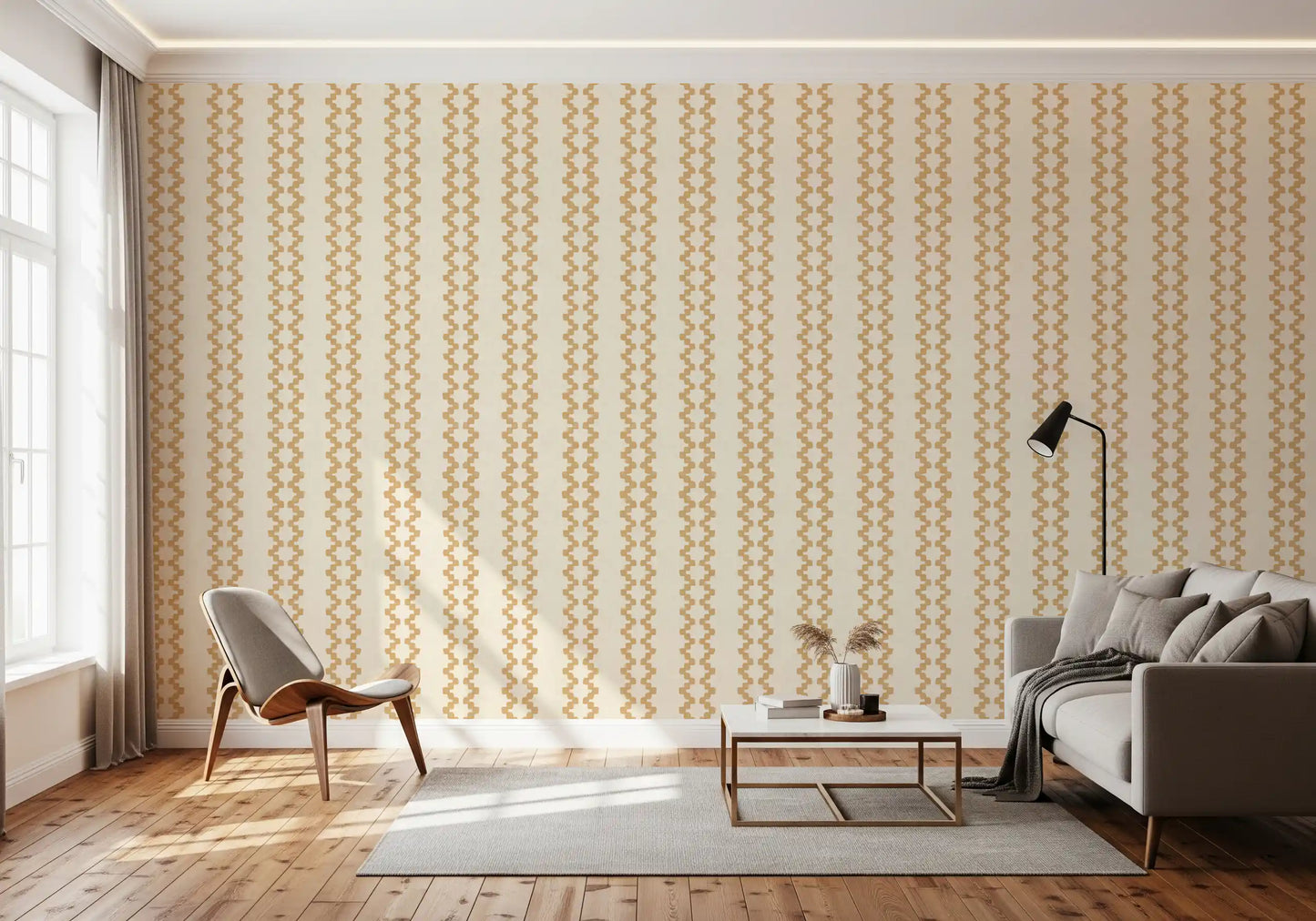 Cream-grounded zellige stripe wallpaper lining a relaxed lounge area.