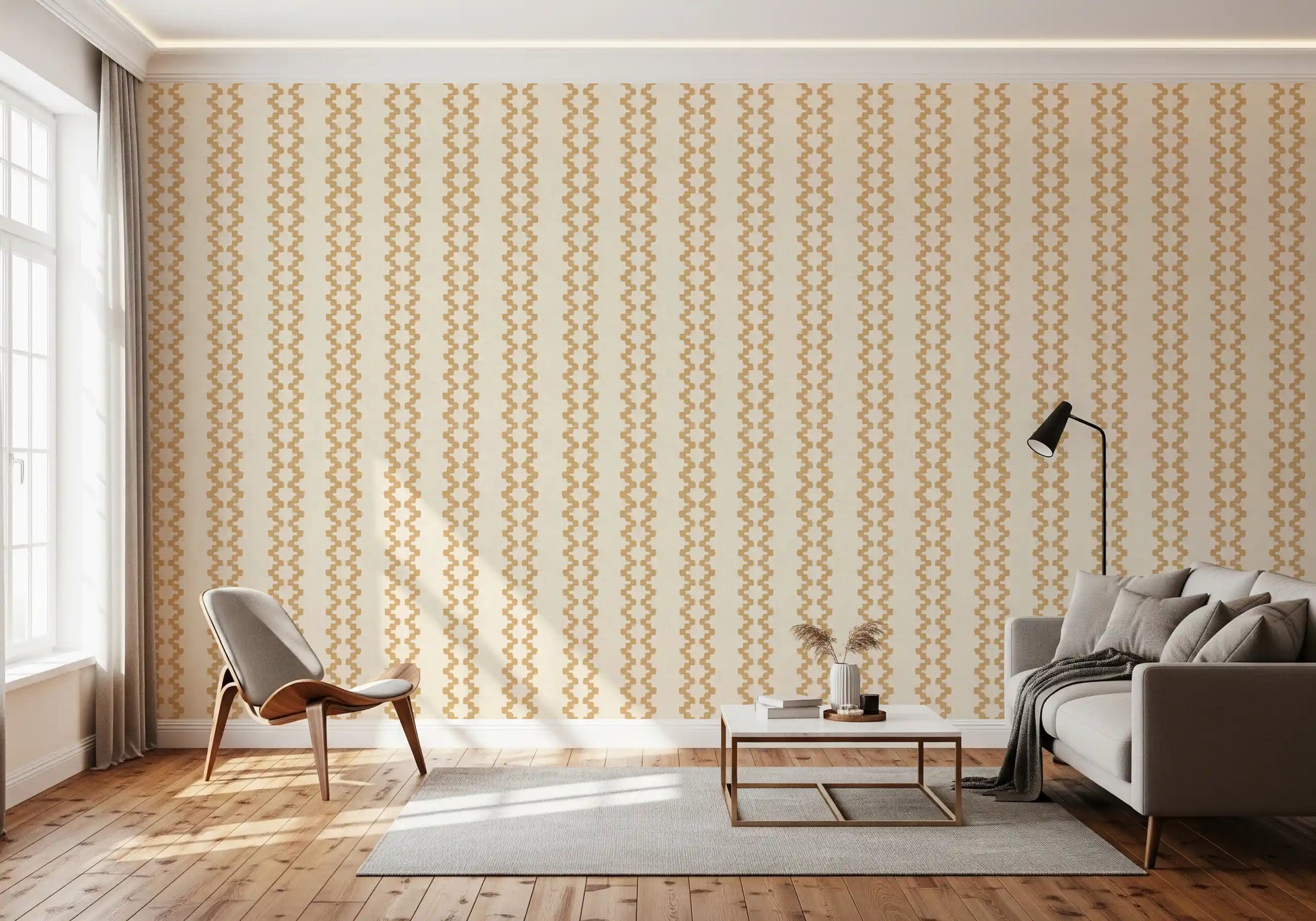 Cream-grounded zellige stripe wallpaper lining a relaxed lounge area.