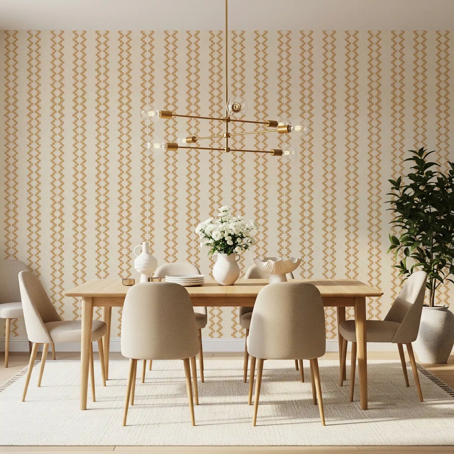 Stacked-bead motifs in honey, repeated down zellige striped wallpaper sections.