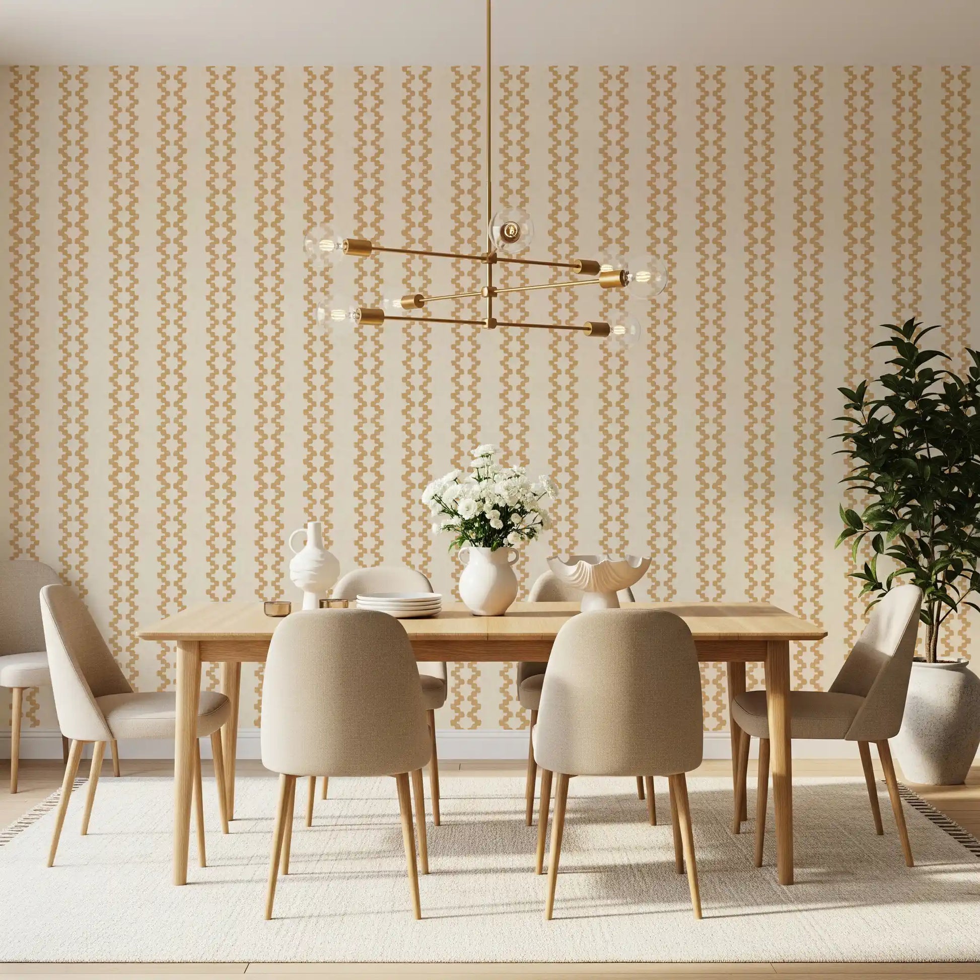Stacked-bead motifs in honey, repeated down zellige striped wallpaper sections.