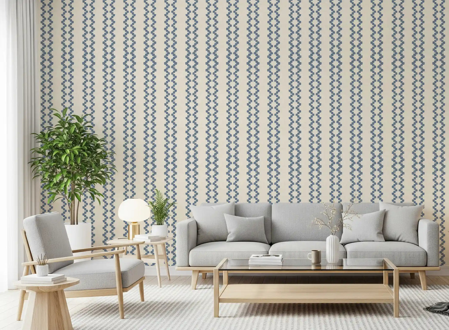 Zigzag ornament wallpaper  lining a bright Living room in slate blue tones.