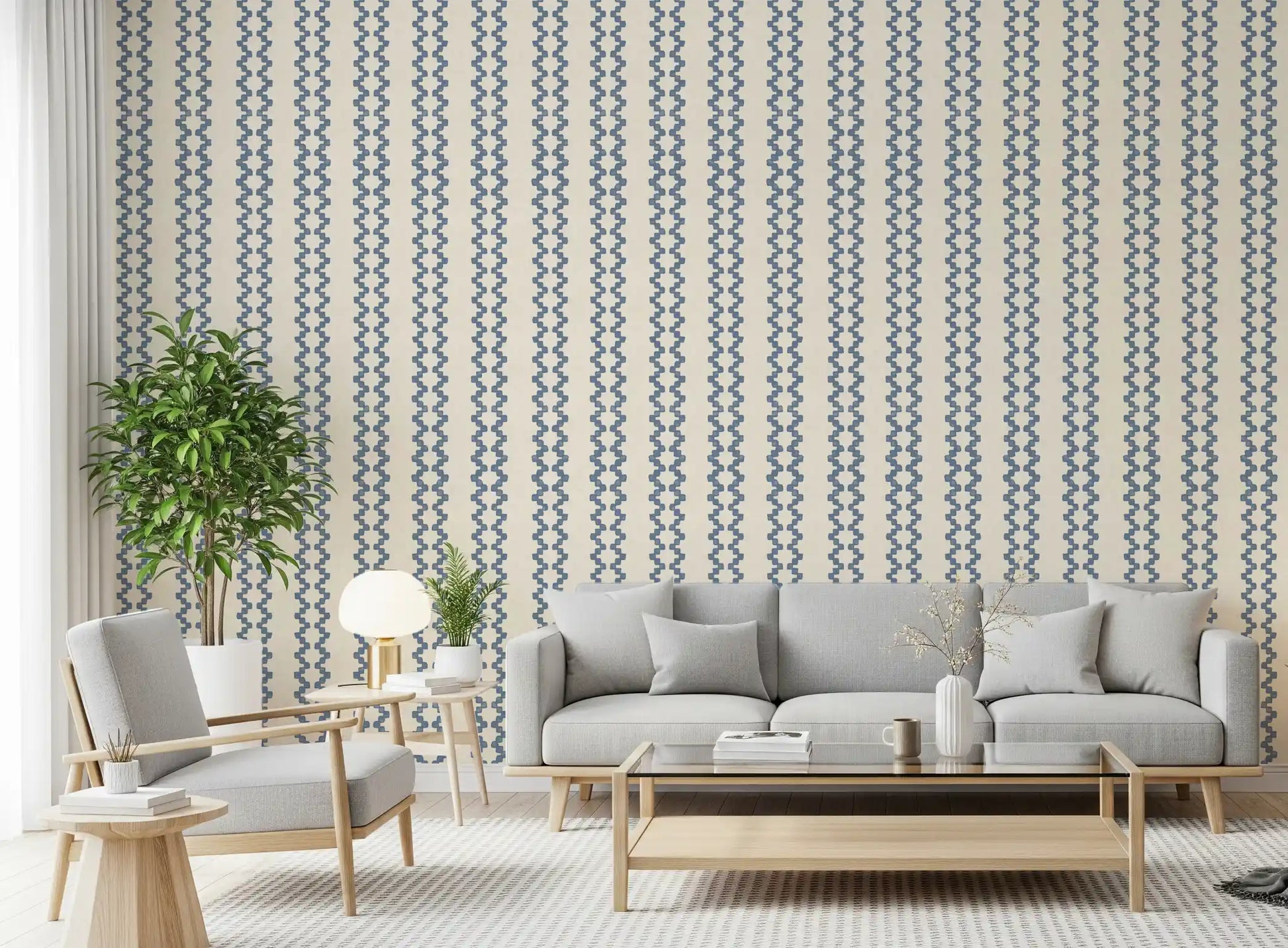 Zigzag ornament wallpaper  lining a bright Living room in slate blue tones.
