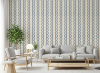 Zigzag ornament wallpaper  lining a bright Living room in slate blue tones.