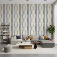 Vertical zellige stripe wallpaper steadying a Living room composition.
