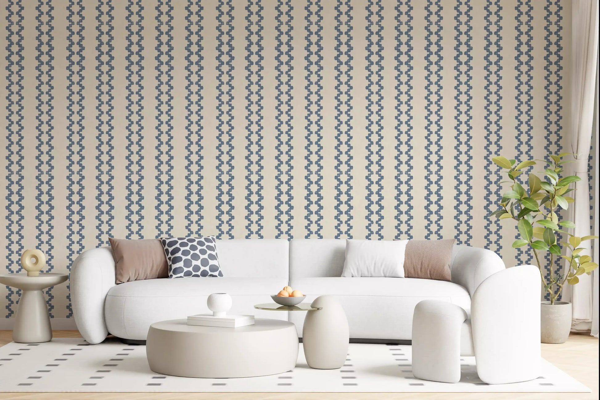 Slate blue zellige ornament wallpaper grounding a calm living room scheme.