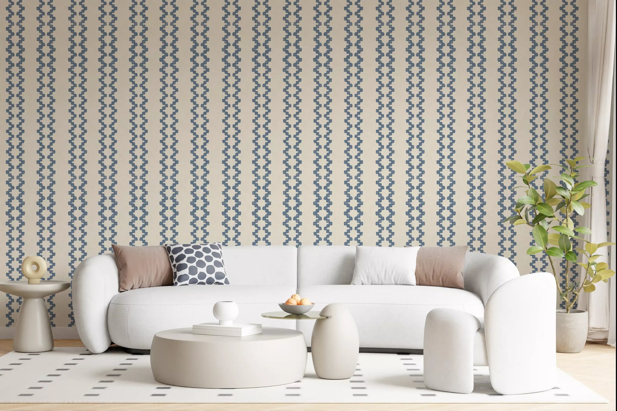 Slate blue zellige ornament wallpaper grounding a calm living room scheme., GD9672