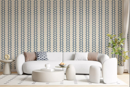 Slate blue zellige ornament wallpaper grounding a calm living room scheme., GD9672