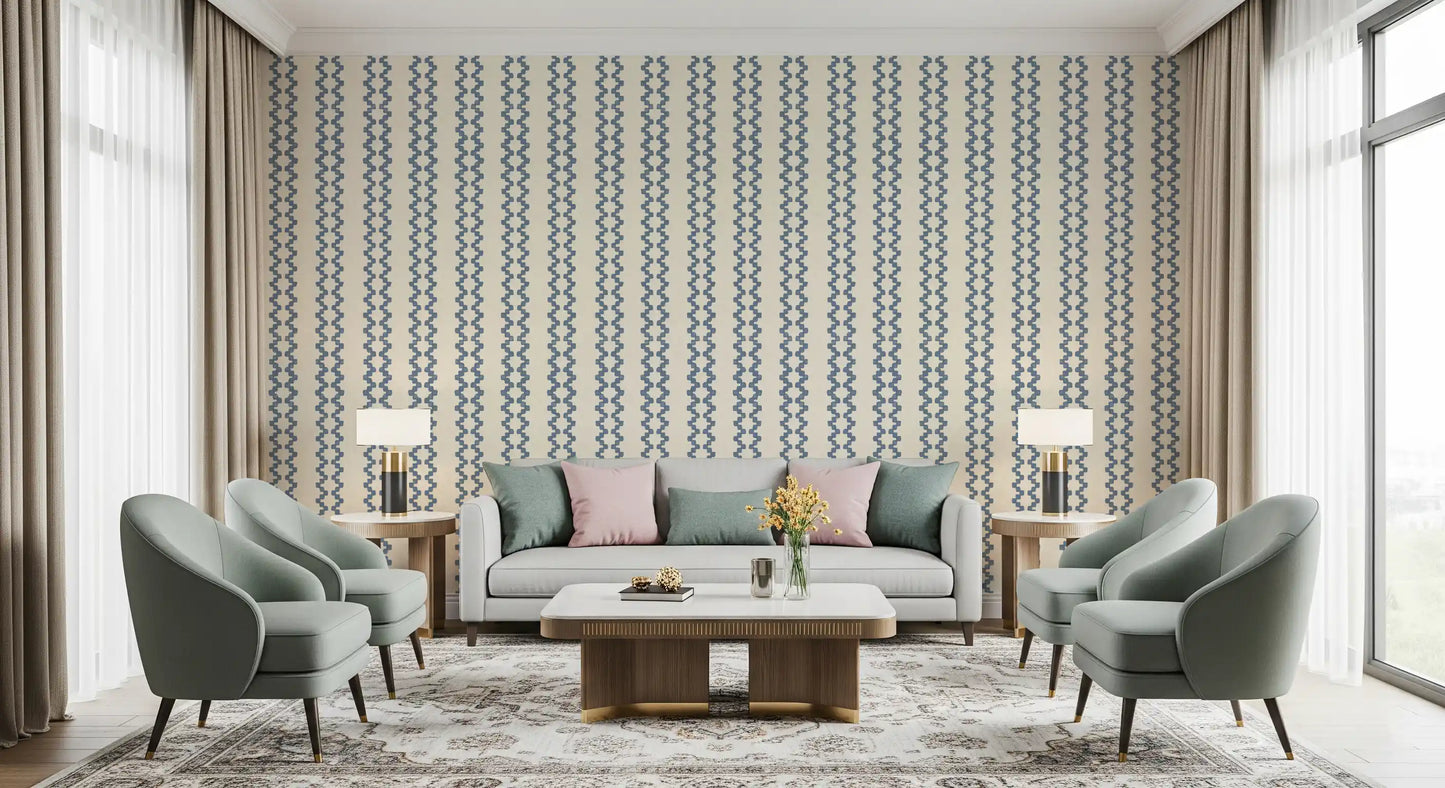 Beaded blue zigzags climb in pairs, a textured stripe ornament wallpaper  surface.