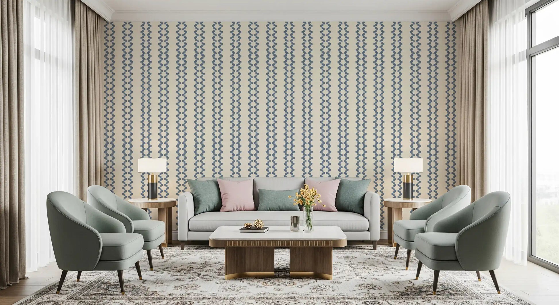 Beaded blue zigzags climb in pairs, a textured stripe ornament wallpaper  surface.