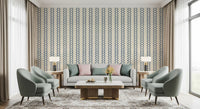 Beaded blue zigzags climb in pairs, a textured stripe ornament wallpaper  surface.
