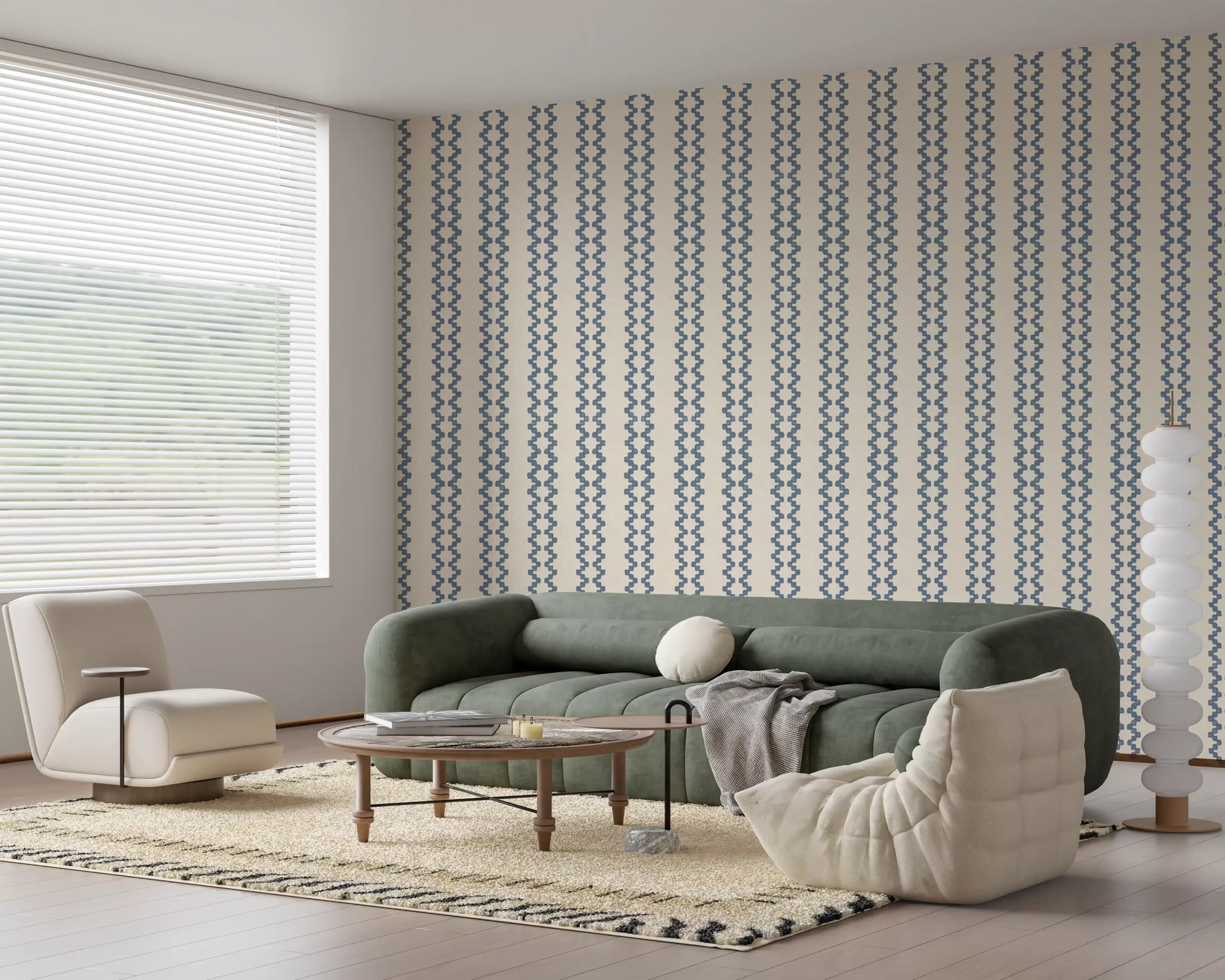 Boho stripe ornament wallpaper  framing a relaxed living room layout in slate blue.