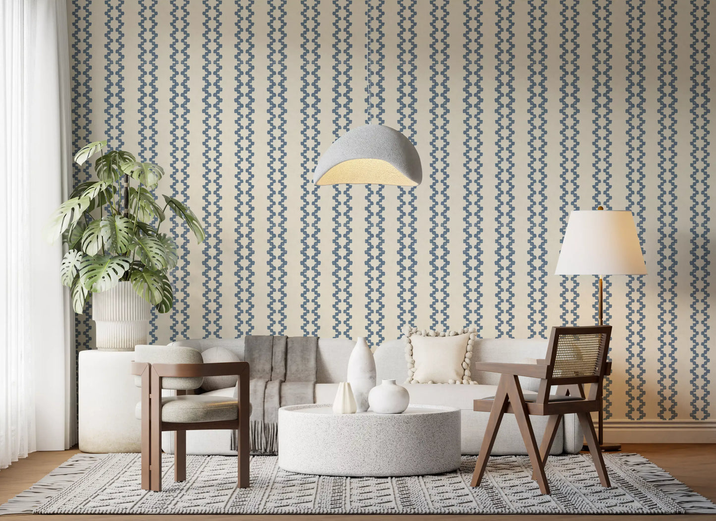 Wavy stripe ornament wallpaper on a lounge , slate blue against cream