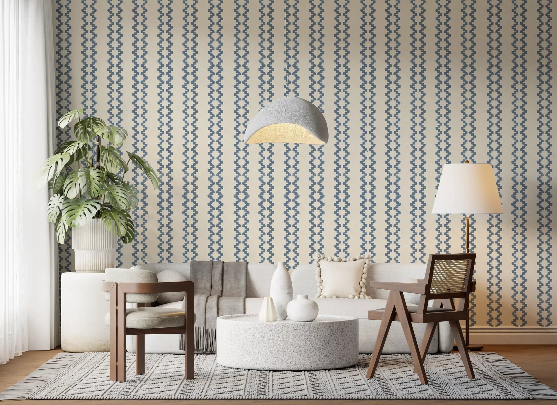 Wavy stripe ornament wallpaper on a lounge , slate blue against cream