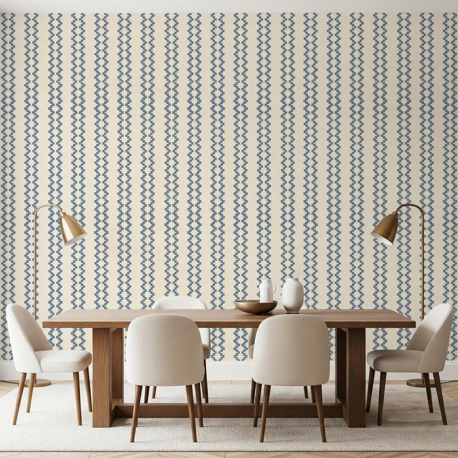 Cream and slate blue zellige stripe wallpaper Dining room area.