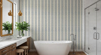 Detail view of slate blue zellige stripe wallpaper with beaded zigzag column rhythm.